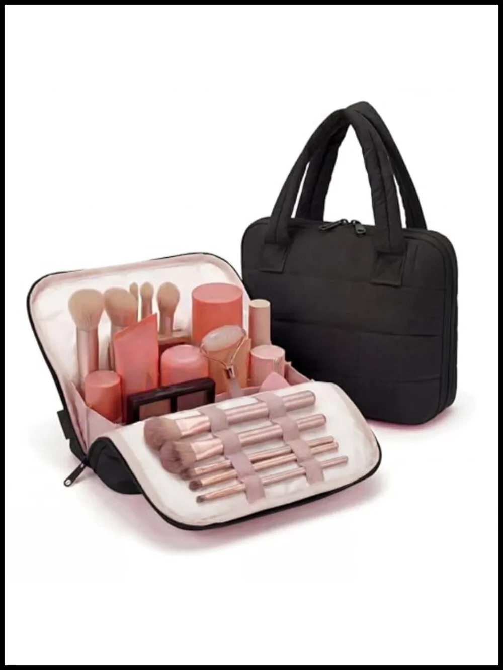 Fold-down Travel Makeup Bag with Handle & Divider, EVA Lining, Brush Holder